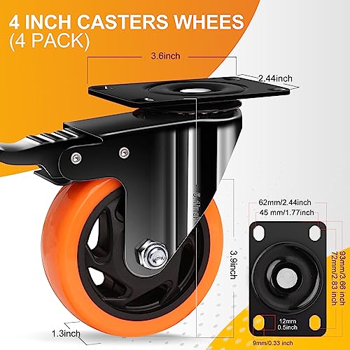 QNCZ 4" Caster Wheels, Outstanding Casters Set of 4 Heavy Duty, Silent Industrial Casters, Locking Casters Wheels for Furniture, Castor Wheels for Cart, Workbench. | Easy to Install, Efficient operation, convenient braking,Silent, Floor friendly,Widely Ap