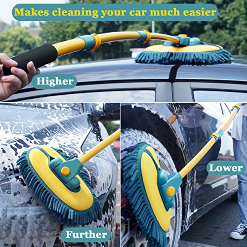 Car Wash Brush with Long Handle,Car Wash Mop Mitt with 1 Replacement Head , Extension Pole Car Brush Cleaning Kit for Cars Trucks - color: Green- One Head