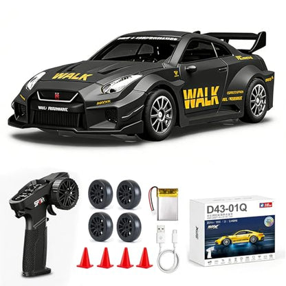 1/43 Scale RC Drift Car, Mini GTR35 RC Model Car 2.4GHz 4WD RC Alloy D43 Vehicles with Gyro & LED Lights for Adults Hobby Toys (Black) - color: Gtr-black