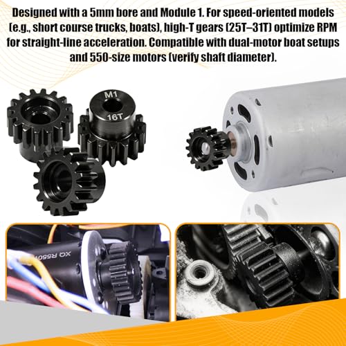 M1 Gear 16T 5mm Bore 3-Pack – High-Precision Hardened Steel Motor Pinion Gear for 1/8 1/10 RC Crawler, Monster Truck, Short Course Truck & Boat (Compatible with Traxxas Axial, FMS, HSP Redcat Losi) - style: M1 3Pcs 16T