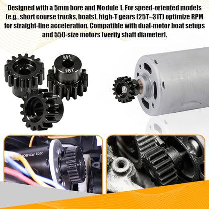 M1 Gear 16T 5mm Bore 3-Pack – High-Precision Hardened Steel Motor Pinion Gear for 1/8 1/10 RC Crawler, Monster Truck, Short Course Truck & Boat (Compatible with Traxxas Axial, FMS, HSP Redcat Losi) - style: M1 3Pcs 16T