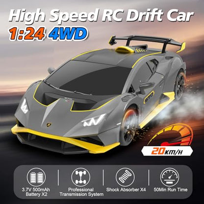 YONCHER RC Drift Car, Remote Control Car for Kids Lamborghini Officially Licensed, 1:24 20KM/H 4WD RC Cars with Lights, Fast Racing Toy Car for Boys Girls, Gray - color: Sto Gray