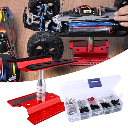 Aluminum Alloy RC Car Repair Work Stand Hobby Tool Set 360 Degree Rotation Lift/Lower and RC Screws Kit Repair Tool Box for 1/8 1/10 1/12 1/16 1/18 RC Car Truck Buggy Models (Red) - color: Red