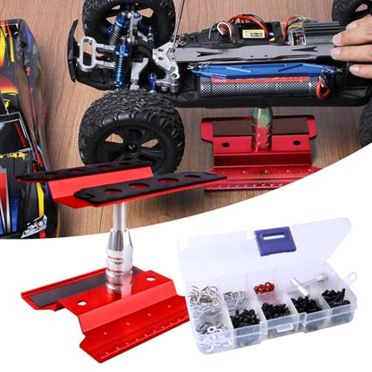 Aluminum Alloy RC Car Repair Work Stand Hobby Tool Set 360 Degree Rotation Lift/Lower and RC Screws Kit Repair Tool Box for 1/8 1/10 1/12 1/16 1/18 RC Car Truck Buggy Models (Red) - color: Red