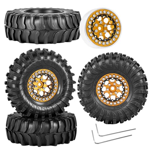 RC 1.3 Beadlock Wheel Tires&Aluminum Wheel Rim for 1/24 SCX24 FCX24,1/18 TRX4M RC Crawler Car,1.3 Beadlock Wheels and Tires/Wheels Tire,Golden (4PCS) - color: Golden- (Wheel Tires)