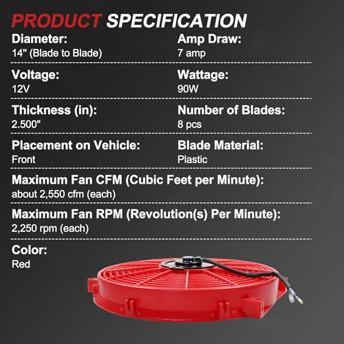 JDMSPEED New 14" Inch Universal Slim Fan Push Pull Electric Radiator Cooling 12V Red Kit - color: Red, size: 14 Inch