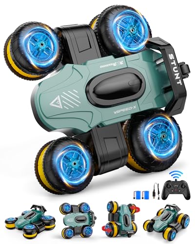 Remote Control Car RC Stunt Cars Toy Gifts - High-Speed Drift 360 Flips Four-Sided Driving Rotating Twist 4WD Offroad Vehicle for Kids Boy Girl Birthday Presents Ages 5 6 7 9 10 11 12 Years Old Green - color: Green