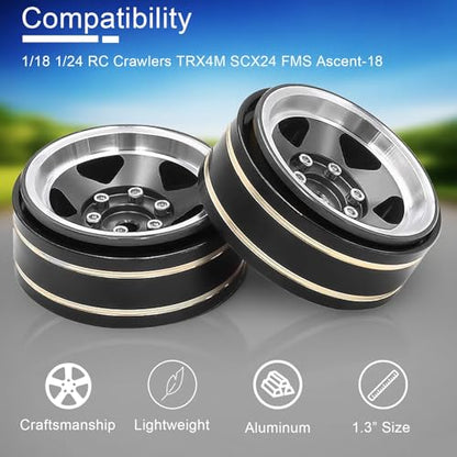1.3 Beadlock Wheel - Aluminum & Brass Wheel Rims for TRX4M SCX24 1/18 1/24 | Brass Negative Offset 1.3” Wheel Hub Width 15mm OD 37mm with 7mm Hex Fit FMS Ascent-18 RC Car Off Road Tire, 4pcs (Black) - color: Black