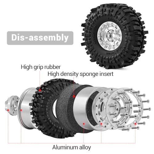 1.9" Beadlock Wheels and Tires for TRX4, SCX10, SCX10 III, 90046, D90 and 1/10 Other Popular RC Crawler Models (Silver) - color: Silver