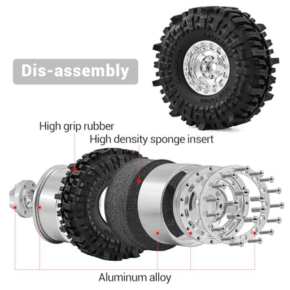 1.9" Beadlock Wheels and Tires for TRX4, SCX10, SCX10 III, 90046, D90 and 1/10 Other Popular RC Crawler Models (Silver) - color: Silver