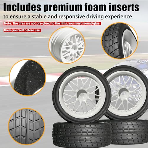 OD 2.65" On Road Rubber Tires Nylon Wheels- 12mm Hex for 1/10 RC Racing Car | Compatible with MJX HSP Tamiya HPI Kyosho Traxxas Sakura Redcat WLtoys 1/10 RC On-Road Racing Touring Car (4pcs, White) - style: C-White