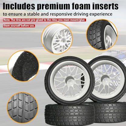 OD 2.65" On Road Rubber Tires Nylon Wheels- 12mm Hex for 1/10 RC Racing Car | Compatible with MJX HSP Tamiya HPI Kyosho Traxxas Sakura Redcat WLtoys 1/10 RC On-Road Racing Touring Car (4pcs, White) - style: C-White