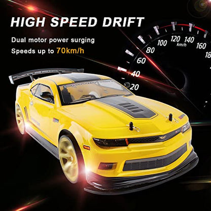 RC Buggy 70km/H High-Speed Drift Racing 2.4G 4WD Electric RC Vehicle RC Flat Running Drift Rally Racing Rubber Tire RC Truck Gift Replacement Tires,2 Batteries - color: Yellow