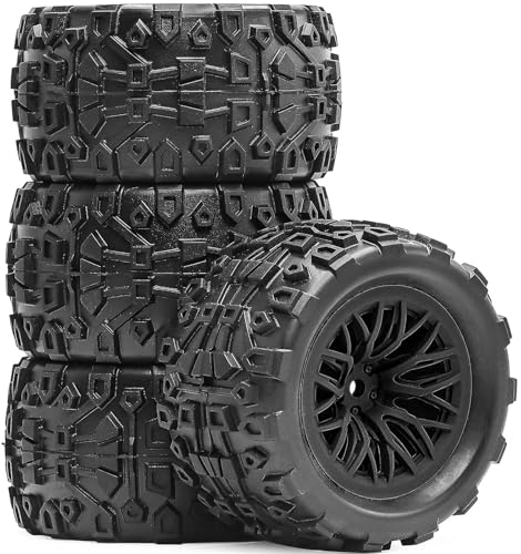 Pre-Glued 1/16 & 1/18 RC Monster Truck Rubber Tire & Nylon Wheel - 12mm Hex | Rubber Tires with Foam Fits for ARRMA 1/18 Granite/Typhon Grom, WLtoys A949, MJX Hyper Go H16 (4PCS, Black) - color: Black