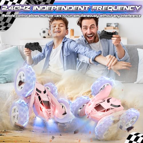 cosone Pink Purple RC Stunt Car for Kids | 360° Rotating Tricks, Double-Sided Driving, LED Lights, USB-C Rechargeable Battery, One-Click Demo - color: Purple&pink Pro