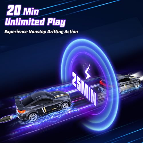 Mini RC Car 1:64 Scale, Remote Control Desktop Car for Adults & Kids | 2.4GHz RC Drift Car with LED Lights & 2 Speeds, Includes 4 Obstacles & Track Mat, Hobby Gift for Boys, Black - color: Black
