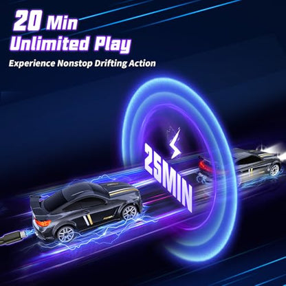 Mini RC Car 1:64 Scale, Remote Control Desktop Car for Adults & Kids | 2.4GHz RC Drift Car with LED Lights & 2 Speeds, Includes 4 Obstacles & Track Mat, Hobby Gift for Boys, Black - color: Black