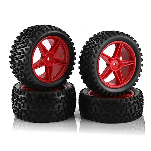1/10 RC Off Road Tires and Wheels Rims 12mm Hex Set Front and Rear 87mm Rubber Buggy Tyres Foam Inserts for 1:10 Off-Road Car HSP Kyosho HPI Tamiya HSP 94107 94166 94106 94155 4PCS (Red) - color: Red