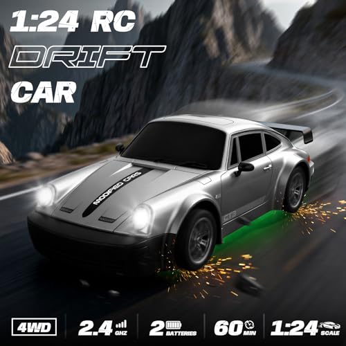 RC Drift Car 1:24 Scale, 4WD Remote Control Car with LED Lights 20KM/H High Speed, Dual-Mode Racing & Drifting Toy Car with 2 Batteries, Gift for Kids & Adults, Silver - color: Silver