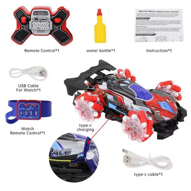 Gesture Sensing Stunt RC Car with Lights & Music, Hand Gesture Remote Control Toy with 360° Spins Mist Spray (Blue) - color: Blue
