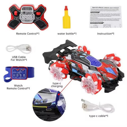 Gesture Sensing Stunt RC Car with Lights & Music, Hand Gesture Remote Control Toy with 360° Spins Mist Spray (Blue) - color: Blue