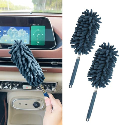 2PCS Car Interior Duster with Extension Pole, Microfiber Retractable Dusters Auto Dash Cleaning Tool, Soft Chenille Hand Washable Dusters for Vehicle Window Office Furniture (Blue) - color: Blue