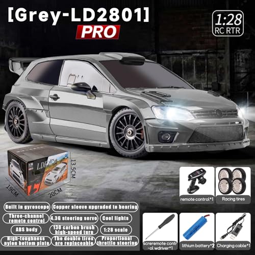 LDRC 2801PRO 1/28 Mini RC Drift Car GTR 2.4GHz 4WD RTR with Gyro and 4PCS Drift Tires Racing Radio Control Cars (Silvery) - color: Silvery