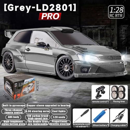 LDRC 2801PRO 1/28 Mini RC Drift Car GTR 2.4GHz 4WD RTR with Gyro and 4PCS Drift Tires Racing Radio Control Cars (Silvery) - color: Silvery