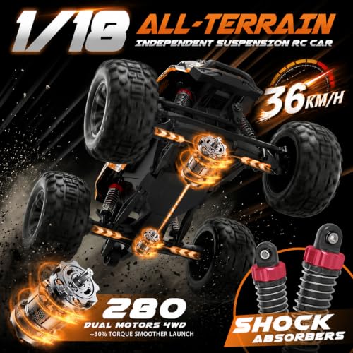 Hosim 1/18 All Terrain Remote Control Car, 38KPH 4WD RC Car Monster Truck | High Speed 4WD Remote Control Monster Truck, RC Truck with 2 Rechargeable Batteries, Waterproof Remote Control Truck Toy Gift - color: Orange
