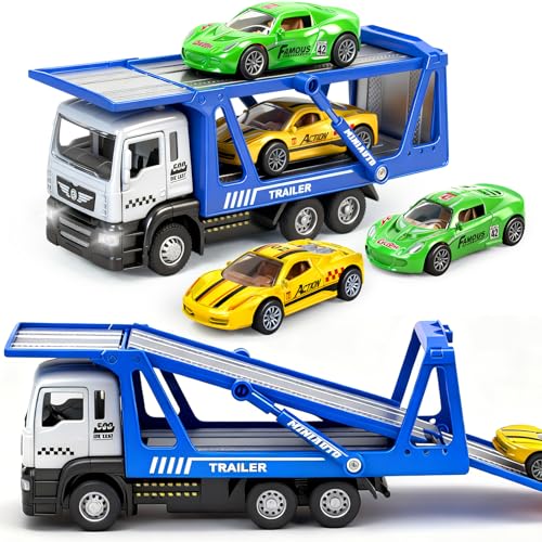 Toy Trucks, Pull Back Transport Truck Toys with 2Pcs Diecast Cars | Lights & Sounds, Alloy Truck with Trailer Transporter Vehicles Set, Toy Trucks for Toddlers Boys 3 4 5 6 7 8 Years Old Gift - style: Transporter Truck