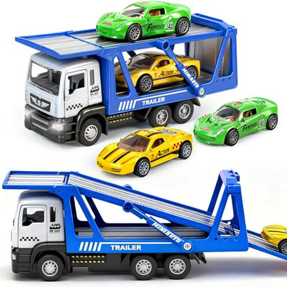 Toy Trucks, Pull Back Transport Truck Toys with 2Pcs Diecast Cars | Lights & Sounds, Alloy Truck with Trailer Transporter Vehicles Set, Toy Trucks for Toddlers Boys 3 4 5 6 7 8 Years Old Gift - style: Transporter Truck