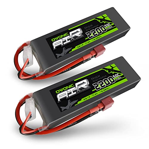 OVONIC 2200mAh 7.4V 2S Lipo Battery 50C Soft Case with Style-T Connector for RC Cars, Trucks, Planes, Drones – 2 Pack