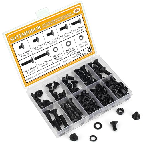 150 Pieces M6 Screws Nuts Washers Set Black, Sutemribor M6 x 8/10/12/16/20/25/30mm Countersunk Head Socket Cap Screws Nuts Washers Assortment Kit, 10.9 Grade Alloy Steel, Fully Threaded - size: M6, style: Countersunk Head Socket Cap