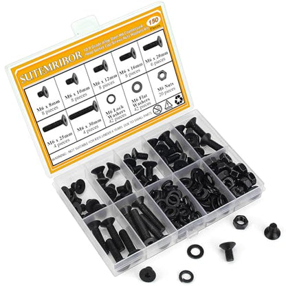 150 Pieces M6 Screws Nuts Washers Set Black, Sutemribor M6 x 8/10/12/16/20/25/30mm Countersunk Head Socket Cap Screws Nuts Washers Assortment Kit, 10.9 Grade Alloy Steel, Fully Threaded - size: M6, style: Countersunk Head Socket Cap