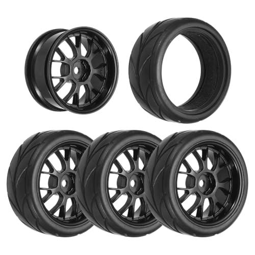 uxcell 4-Pair High-Grip RC Car Tire & Wheel Set for 1/10 Scale On-Road Touring Cars - Soft Rubber Tyres with 12mm Hubs, Black, Type J
