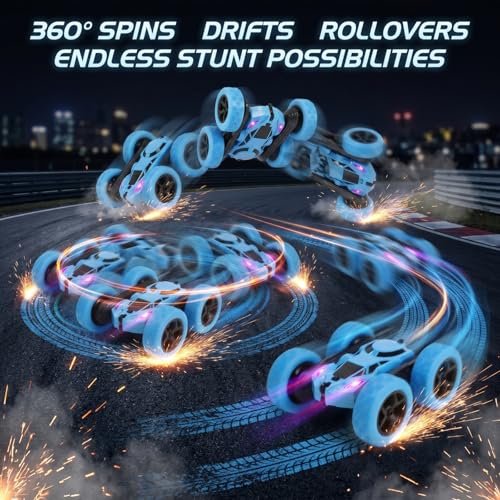 2.4GHz RC Stunt Car 4WD Double Sided Rollover Blue | TRP Tires for All Terrain, 360° Spin & Drift, 60 Min Total Play with 2 Batteries, USB-C Fast Charging, Gift for Teens Adults - color: Blue-standard