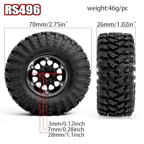 REDSPIDER•1.3 Beadlock Wheels and Crawler Mud Tires OD 2.75'' Aluminium Hub Hex Key 7mm (4PCS) for 1/18 1/24 TRX4M SCX24 AX24 FCX18 FCX24 RC Crawler Car (Black) - color: Black