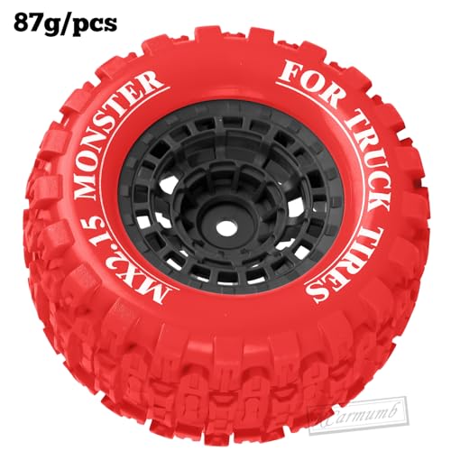 100 * 52MM 1/16 RC Monster Truck Tires 12mm Hex Adapters All-Terrain Traction Tires fit for Mini Maxx/Mini XRT, MJX 16207/16208/16209/16210,HSP 94186,E-Revo,L0S1,1/18 Mini LMT,Red&Black - color: Red&black(4pcs)