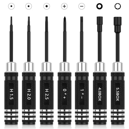 RC Tool Kit Hex Screwdriver 1.5/2.0/2.5/4.0BOX/5.5BOX,Phillips/Slotted | 7PCS Screwdriver Compatible with 1/10 1/18 1/24 Traxxas SCX24 ARRMA RC Truck Car Tools