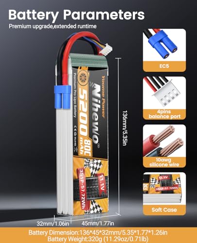 3S Lipo Battery EC5 5200mAh 11.1V 80C Softcase for RC Car Drone 2pcs | 3S Lipo Battery 11.1V 5200mAh EC5 Soft Case for 1/8 1/10 RC Cars Truck Buggy Boat Drone, Longer Runtime, Stable Power Output