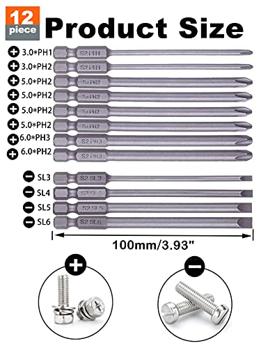 Rocaris 12 Pack 1/4 Inch Hex Shank Long Magnetic Screwdriver Bits Set | 4in Power Tools (Slotted+Cross Head) - size: 12Pcs(Slotted+Cross)