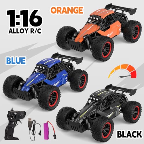 1/16 Scale Remote Control Monster Truck, 20 + km/h Outdoor 2WD Off Road Hobby RC Truck With LED light & rechargeable battery, All Terrain Fast RC Car Toy, Ideal Gift for Kids Boys & Girls Age 6-12 - color: Blue