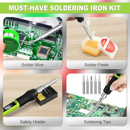 Soldering Iron Kit, 100W Soldering Gun with LED Digital Display, Adjustable Temperature 356-932℉ Solder Kit for Electronics, Includes Soldering Iron Tip, Solder Wire, Stand, Tweezers and Paste, Green - color: Green