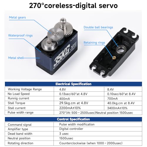 35kg High Torque RC Servo Motor Coreless Metal Gear 270 Degree (1) | Steering Servo Digital Waterproof for Arduino 1/8 1/10 RC Crawler Car Robotic DIY