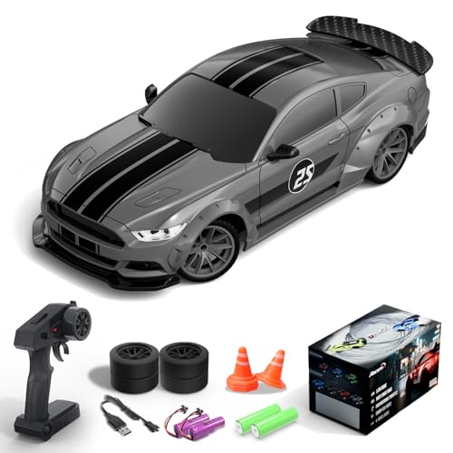 Mustang RC Car, 1:20 Remote Control Cars for Boys Kids | LED Lights, 2.4GHz, 4WD, Drifting Tires, 2 Batteries, Roadblock, Racing Sports Gift Idea - color: Gray