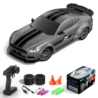 Mustang RC Car, 1:20 Remote Control Cars for Boys Kids | LED Lights, 2.4GHz, 4WD, Drifting Tires, 2 Batteries, Roadblock, Racing Sports Gift Idea - color: Gray