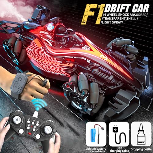 RC Stunt Car, Gesture Sensing Remote Control Car with Sound Lights and Spray, 2.4GHz 4WD 360° Rotating RC Cars with 3 Batteries for Teens (Red) - color: Red, size: 3 Batteries
