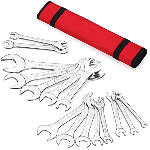 Super-Thin Open End Wrench Set, 16-Piece SAE & Metric 3/8" to 1-1/4" and 5.5mm to 27mm Chrome Vanadium Steel Wrench Set with Rolling Pouch