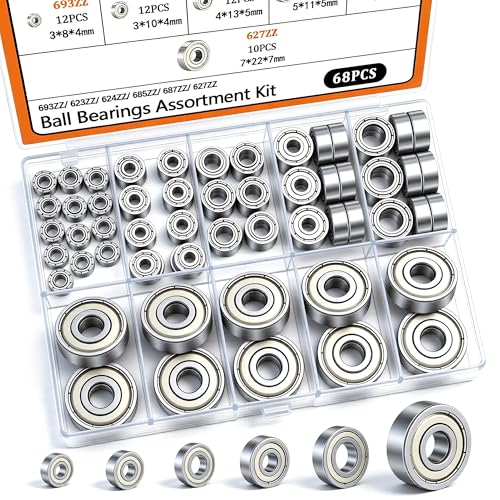 Dianrui 68 PCS 693ZZ/ 623ZZ/ 624ZZ/ 685ZZ/ 687ZZ/ 627ZZ Ball Bearings Assortment Kit, Small Bearings Carbon Steel Deep Groove Bearing, for Furniture Wheel, Roller Skates, 3D Printing and ect —6 Size - size: Assorted kit