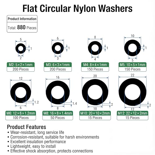 880 Pcs Nylon Flat Washer Assortment Kit | Black Insulating Spacers & Seals for Plumbing, Electrical & Machinery (M2 to M12), Organized in Storage Box